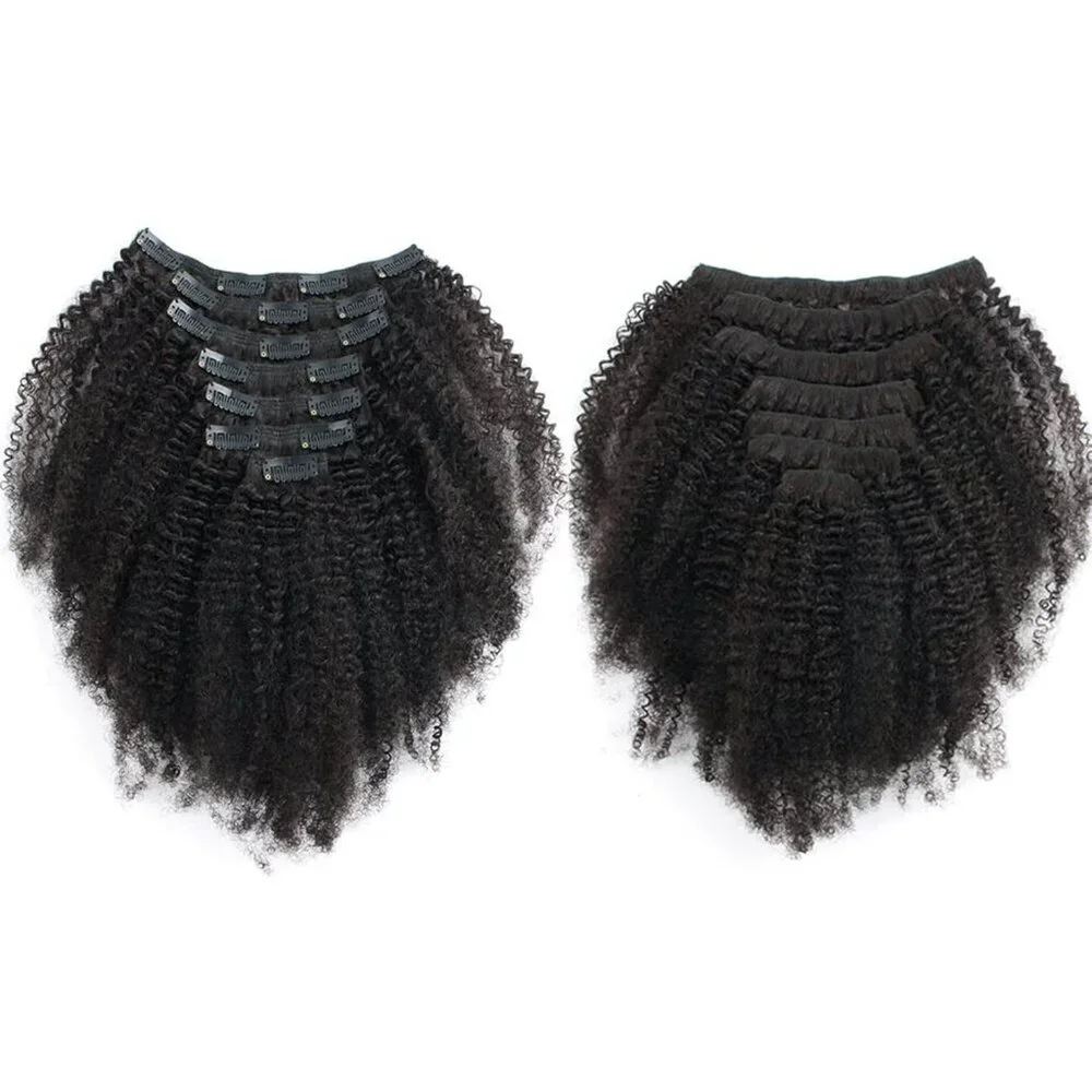Afro Kinky Curly Clip In Hair Extensions Human Hair Natural Black 8 Inch